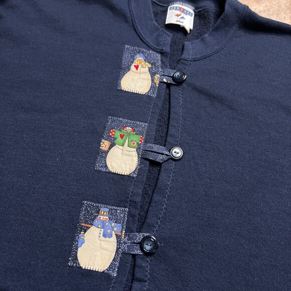 Vintage 90s Jerzees Handmade Snowman Cardigan Sweater Patchwork Navy Christmas - Picture 4 of 8